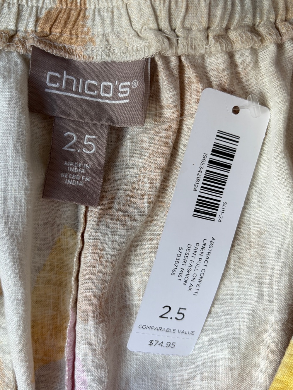 NWT Chico’s Wide-Leg Linen Blend Pants in Pink & Yellow Abstract Print Size 2.5 - Picture 6 of 8